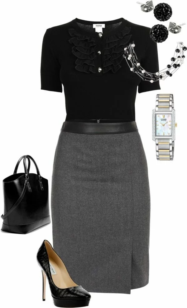 perfektes Outfit für berufstätige Damen grauer Rock schwarze Bluse Tasche Schuhe Uhr Kette Ohrringe 