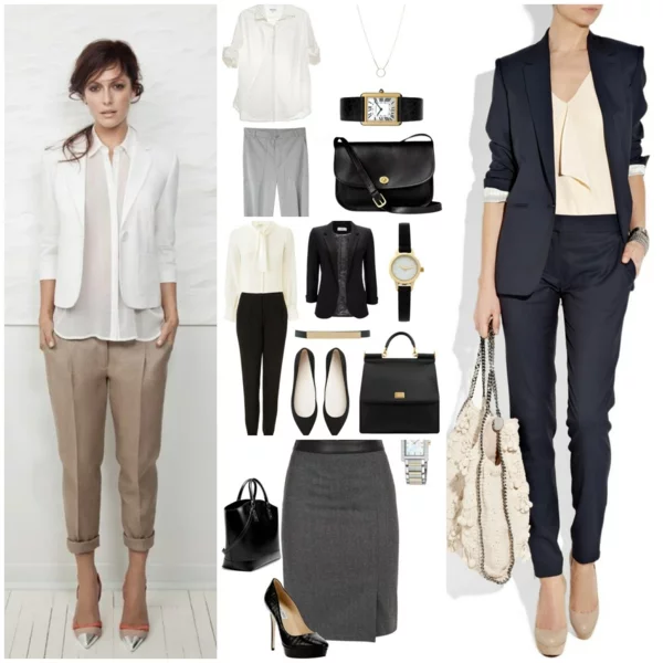 Business Mode Damen elegante Outfits mit Hosen fürs Büro Schuhe Taschen Accessoires 