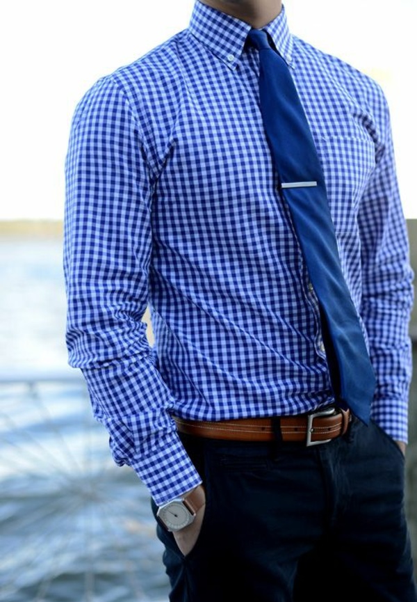 Männerhemd Herrenhemde blau karromuster krawatte elegante herrenmode