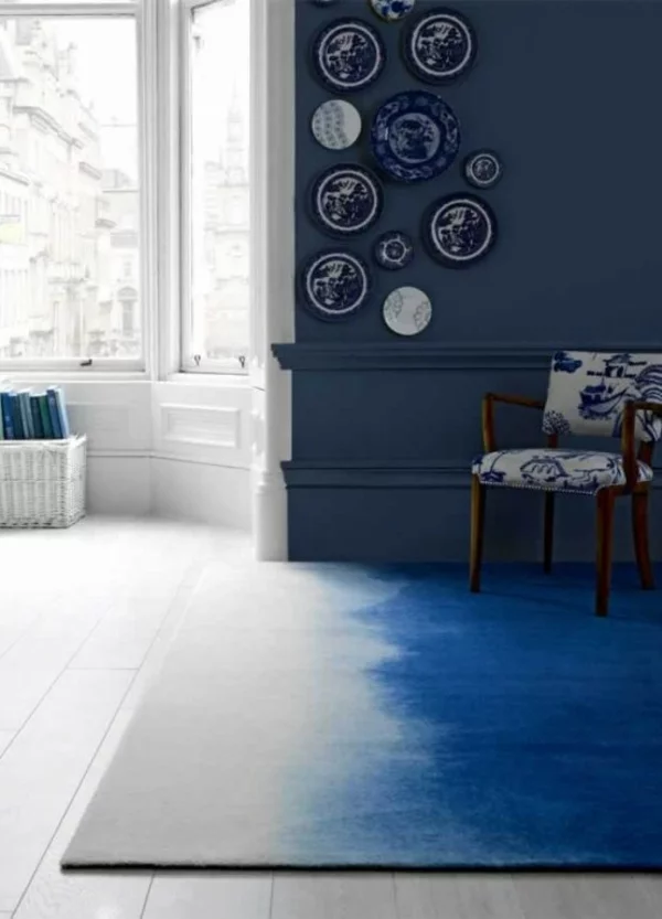 designer teppiche wohnzimmer bunte teppiche blau ombre effekt