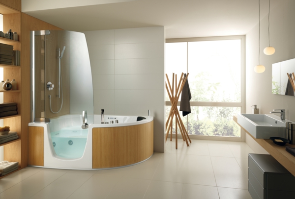 modern badezimmer gestaltung holz fliesen eckbadewanne