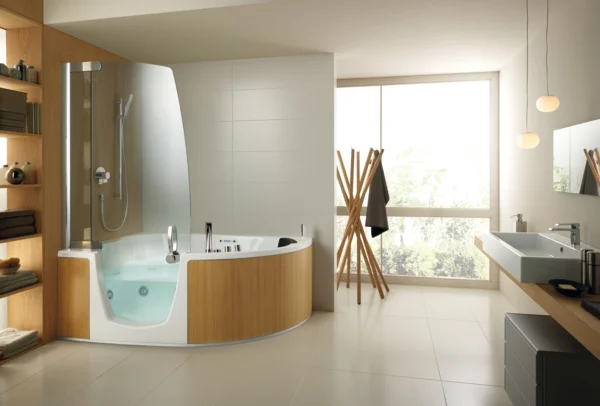 modern badezimmer gestaltung holz fliesen eckbadewanne