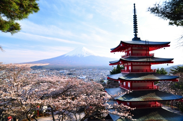 japanische sternzeichen pagode frühlingsblüten berge