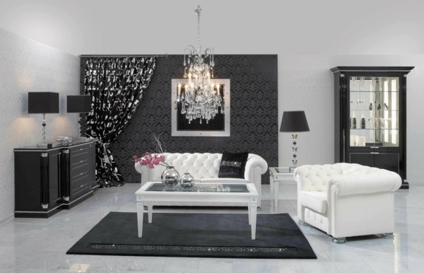 moderne tapeten wohnzimmer weiße sofas schwarzer teppich