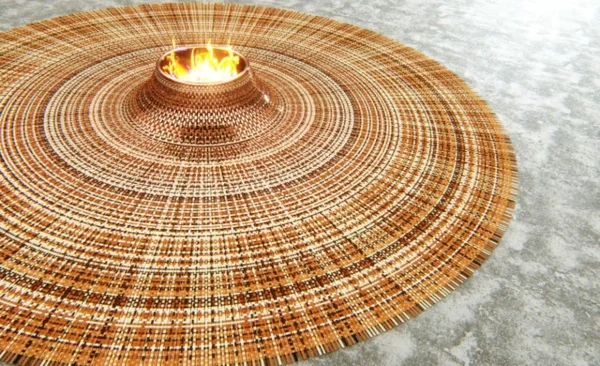 runder teppich gewebt leder kupfer lagerfeuer