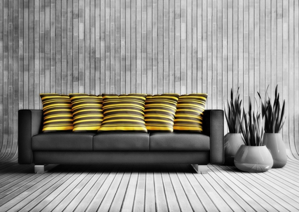 stilvolles schwarzes sofa wunderschöne dekokissen