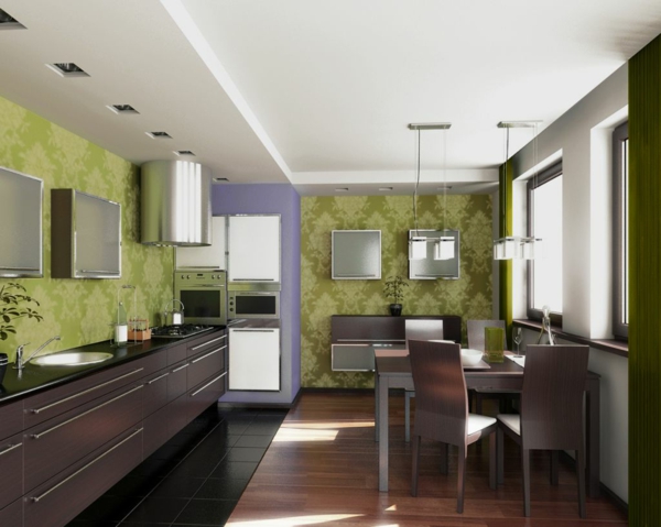 tapete küche wandgestaltung grün braune einrichtung