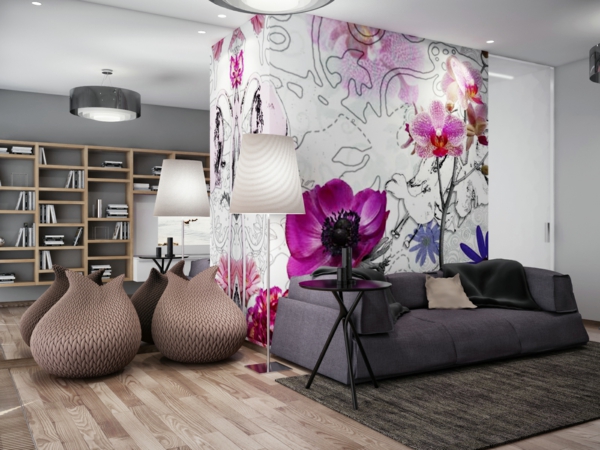 tapete wohnzimmer florale motive graues sofa tolle deko