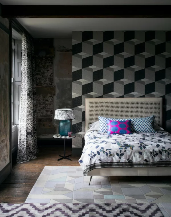 tapeten modernes schlafzimmer mit geometrischem tapetenmuster