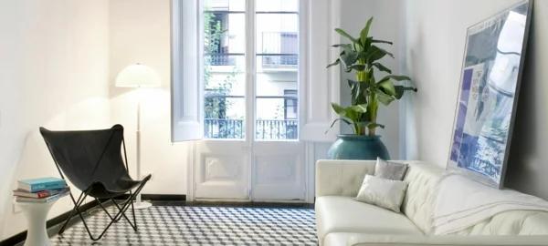 wohnzimmer zimmerpflanze weißes sofa schwarzer sessel