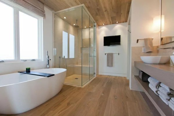 badezimmergestaltung ideen modern holzboden freistehende badewanne