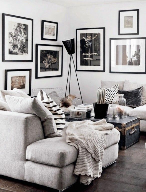 farbgestaltung wohnzimmer wandfarbe grau wandgestaltung mit bildern schwarz weiß