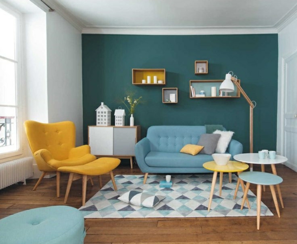 farbgestaltung wohnzimmer wandfarbe grün gewagte farbmischung