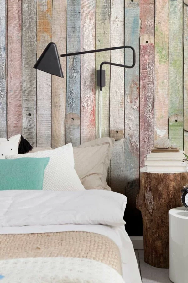 holzpaneele schlafzimmer wandgestaltung farbig attraktiv