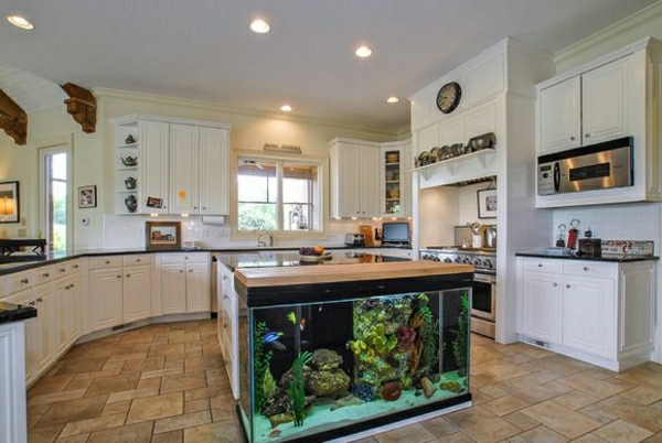 küchengestaltung dekoideen aquarium weiße küchenschränke