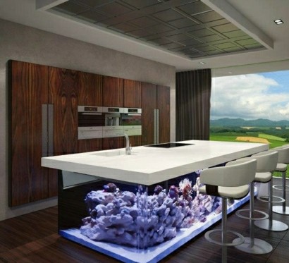Wundervolles Küchendesign mit Aquarium, das den Ozean mit sich bringt