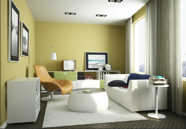moderne wandfarben grüngelb wohnzimmer skandinavisch