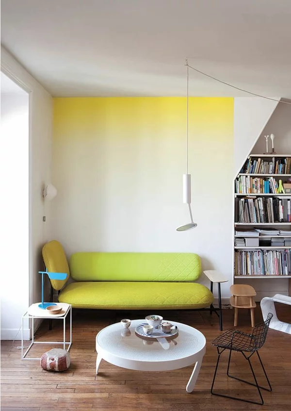 raumgestaltung ideen wohnzimmermöbel wandfarbe gelb ombre effekt