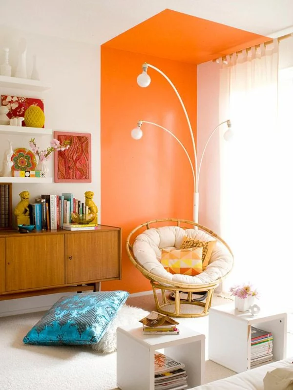 raumgestaltung ideen wohnzimmermöbel wandfarbe orange farbakzent