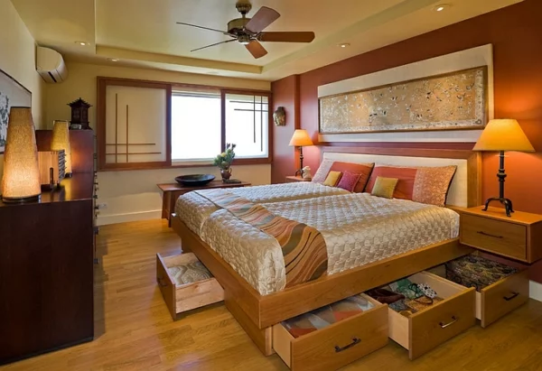 schlafzimmer einrichten asia doppelbett viel stauraum