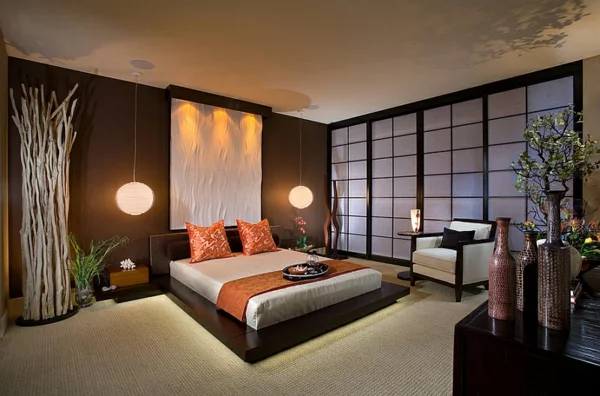 schlafzimmer asiatisch paravent papier hängeleuchten