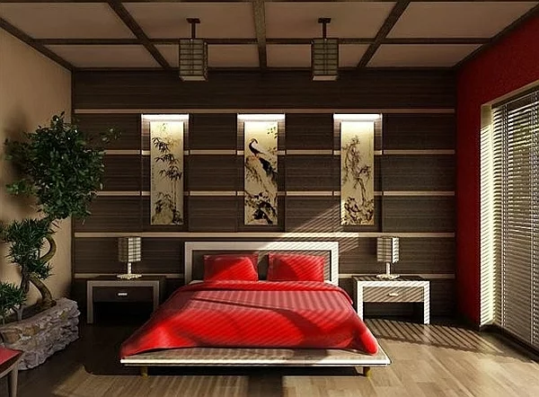 schlafzimmer einrichten asiatisch rot samt bettdecke