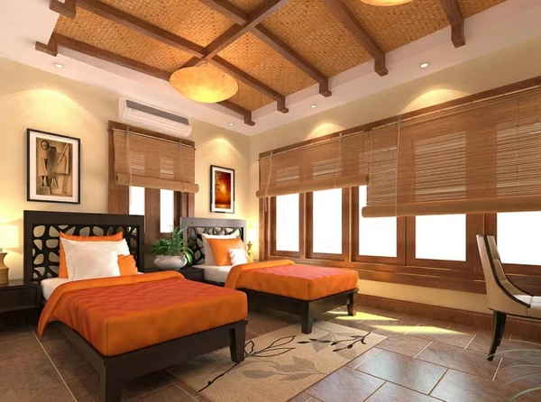 schlafzimmer einrichten asiatisches flair orange bettdecken