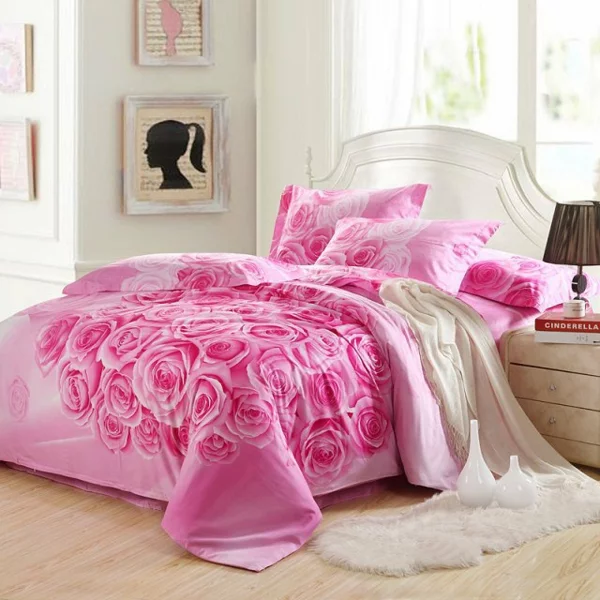 schlafzimmer gestalten rosa bettwäsche teppich