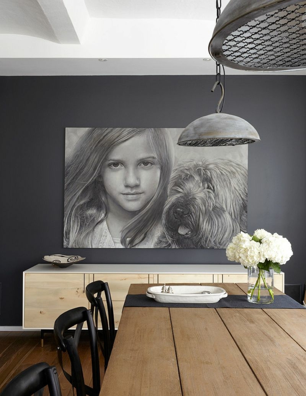 wandfarbe grau langer esstisch porträt