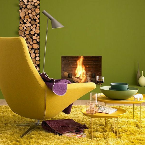wohnzimmer gelbes sofa grüne wand