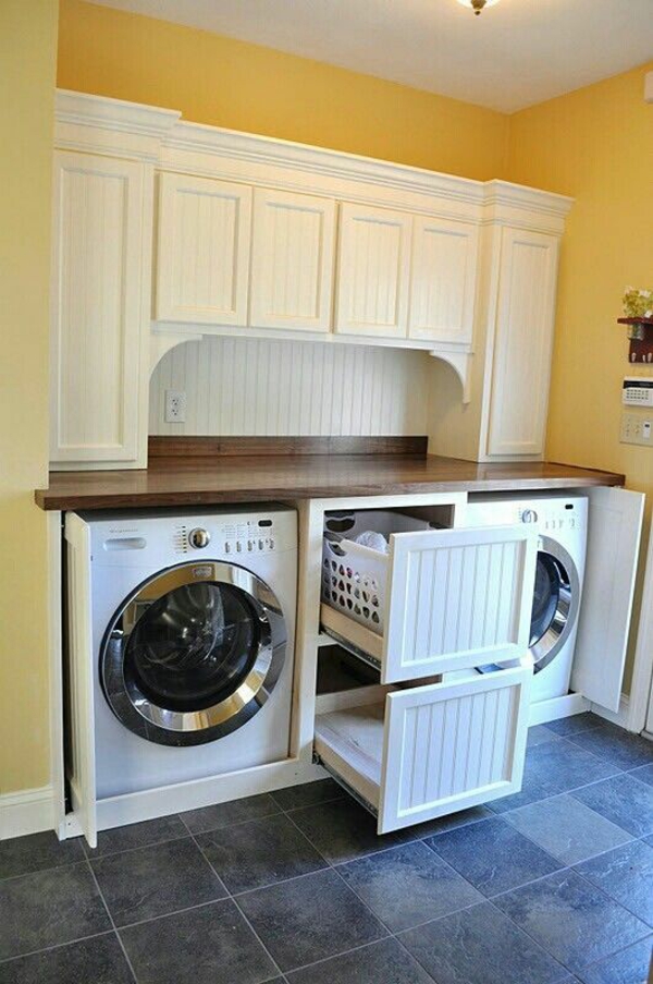 wäschekorb holz waschküche einrichten eingebaute schränke