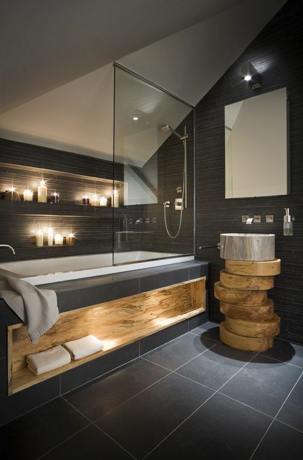 badezimmergestaltung mit fliesen betonoptik holz badmöbel