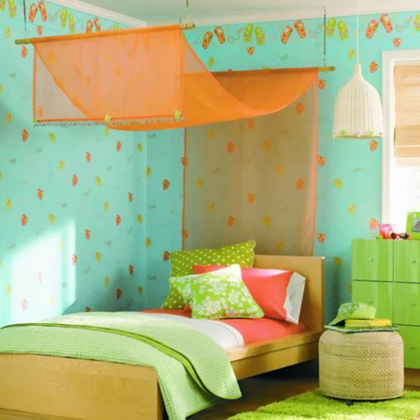 betthimmel orange frische grüne wände schlafzimmer