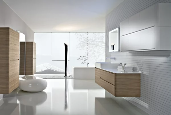 designer-badezimmer helles holz weißer boden