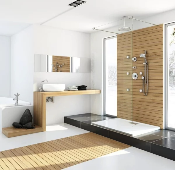 designer-badezimmer moderne dusche regendusche steine holzbohlen