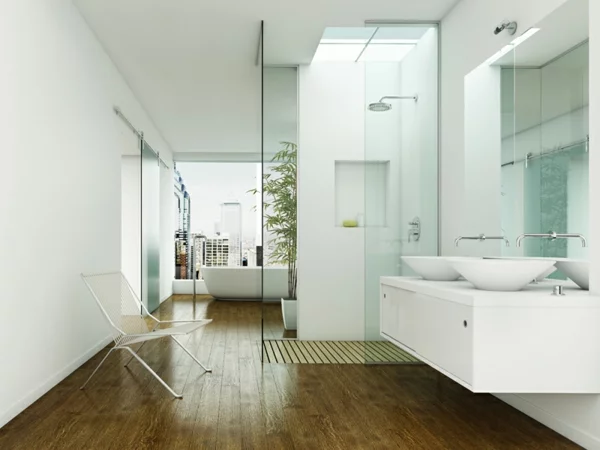 designer-badezimmer offener wohnplan parkett wanne bambus