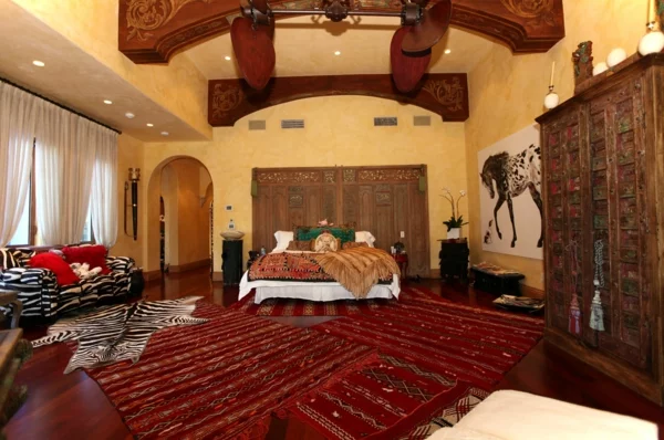 einrichtungsideen schlafzimmer teppiche ethno style kuhfellteppich