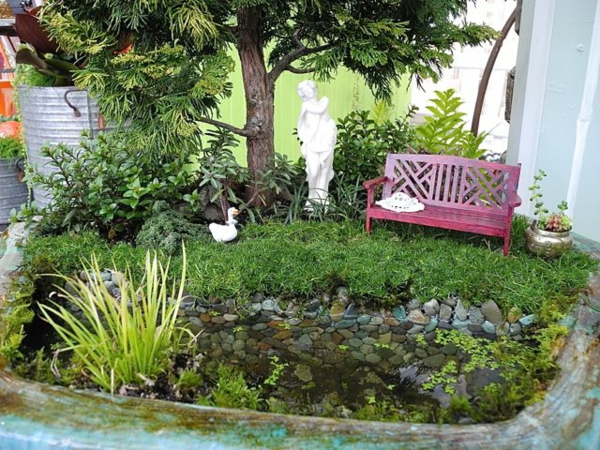 kleine gärten anlegen mini projekt teich sitzbank statue