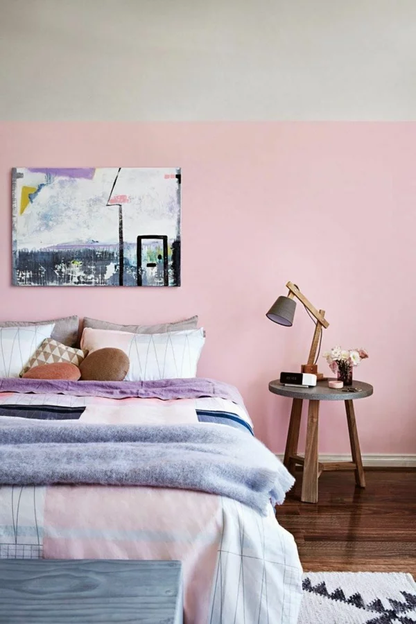 kleines schlafzimmer rosa wandfarbe pastellnuancen