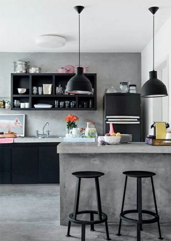 küchendesign kücheninsel pendellampen schwarz betonoptik