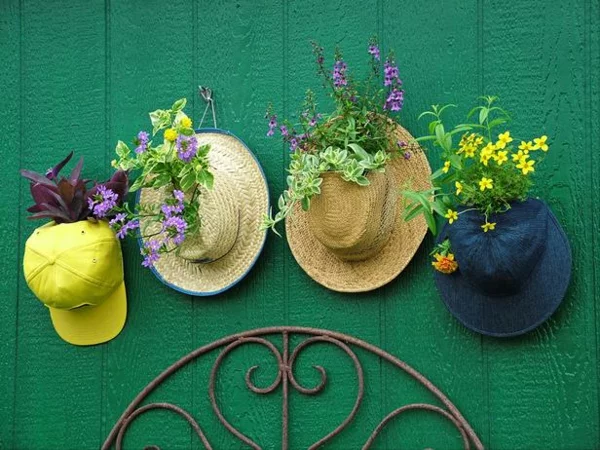 DIY Pflanztöpfe aus alten Hüten an der grünen Wand 