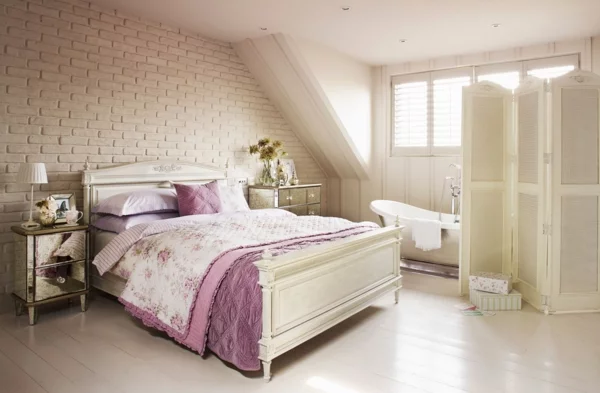 schlafzimmer design shabby chic stil ziegelwand lila