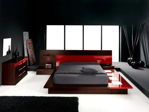 schlafzimmer neu gestalten hochglanz rot weißer boden
