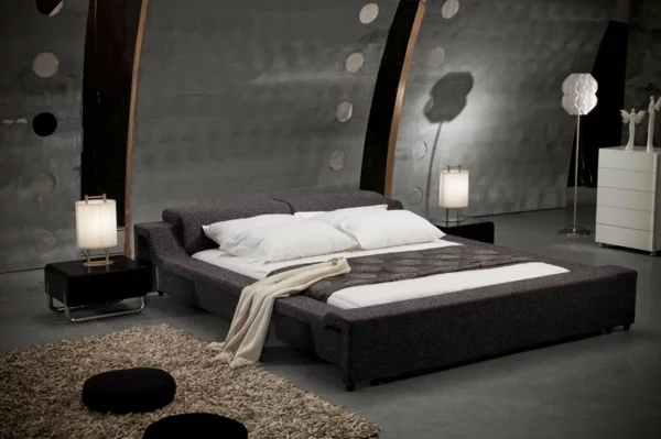schlafzimmer neu gestalten industrieller stil metallene optik hochflor teppich