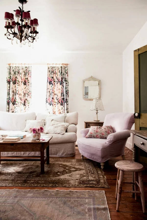 shabby chic stil wohnzimmer einrichten dekorieren gardinen