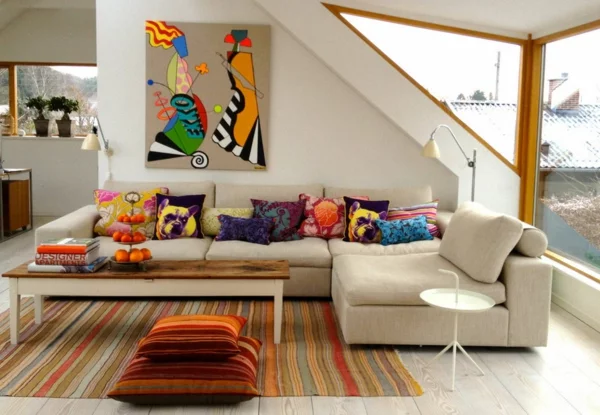 wohnzimmer einrichten ethno style dekoideen farbig ecksofa
