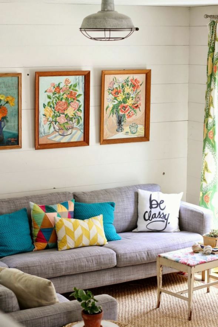 dekokissen wohnzimmer farbig frisch sommerlich bilder tolle gardinen