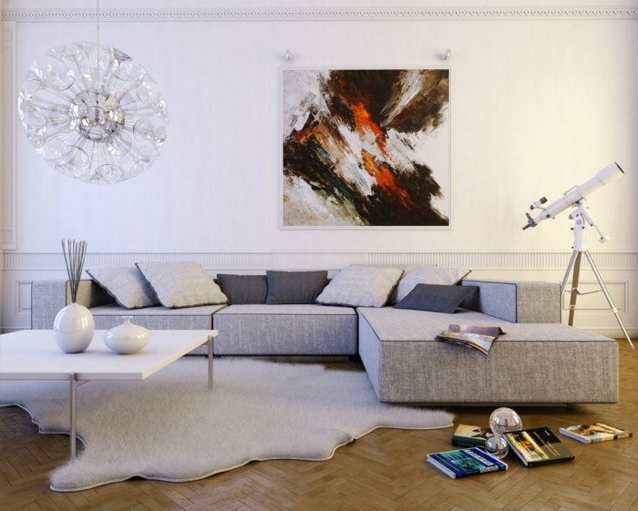dekokissen wohnzimmer sofa dekorieren toller leuchter fellteppich