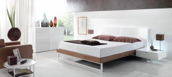 komplettes schlafzimmer minimalistisch hochglanz weiße nachttische