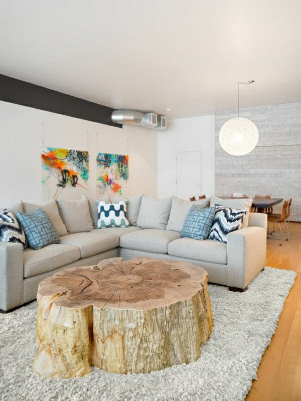 massivholz möbel wohnzimmer Baumstamm tisch sofa